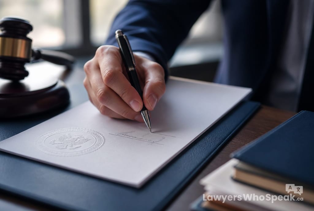 Spousal Support in Ontario: How It Works and What You May Be Owed (2026 Guide) 3 Hand signing a formal spousal support Ontario order document