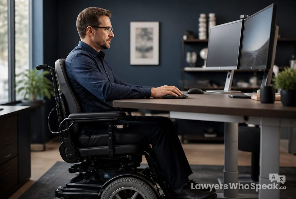 Employee using a motorized wheelchair at an accessible desk, illustrating the duty to accommodate under workplace discrimination Ontario law