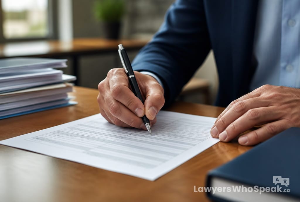 Hands completing a human rights tribunal complaint form for a workplace discrimination Ontario claim