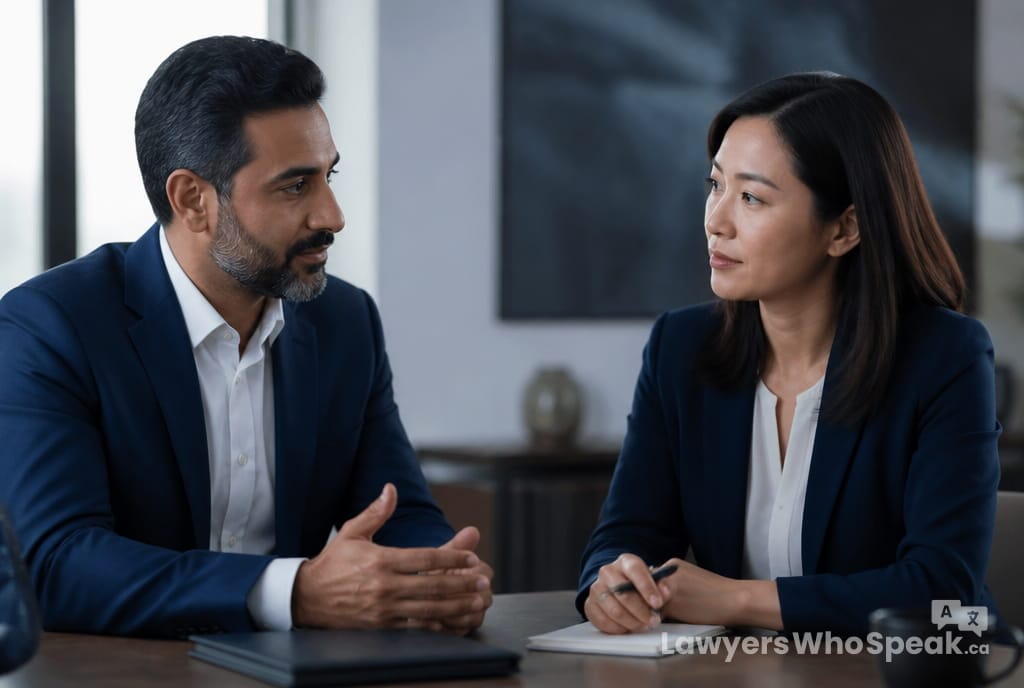 Two professionals discussing options after experiencing workplace discrimination Ontario, ahead of speaking with a lawyer