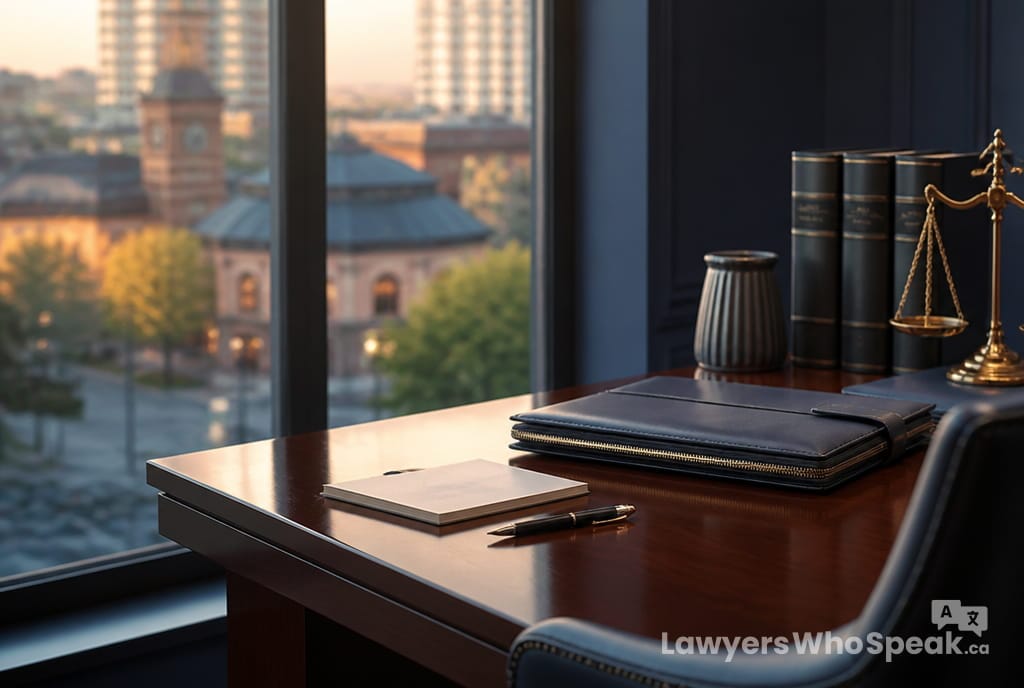 Lawyer's desk overlooking Downtown Brampton, representing lawyers in Brampton