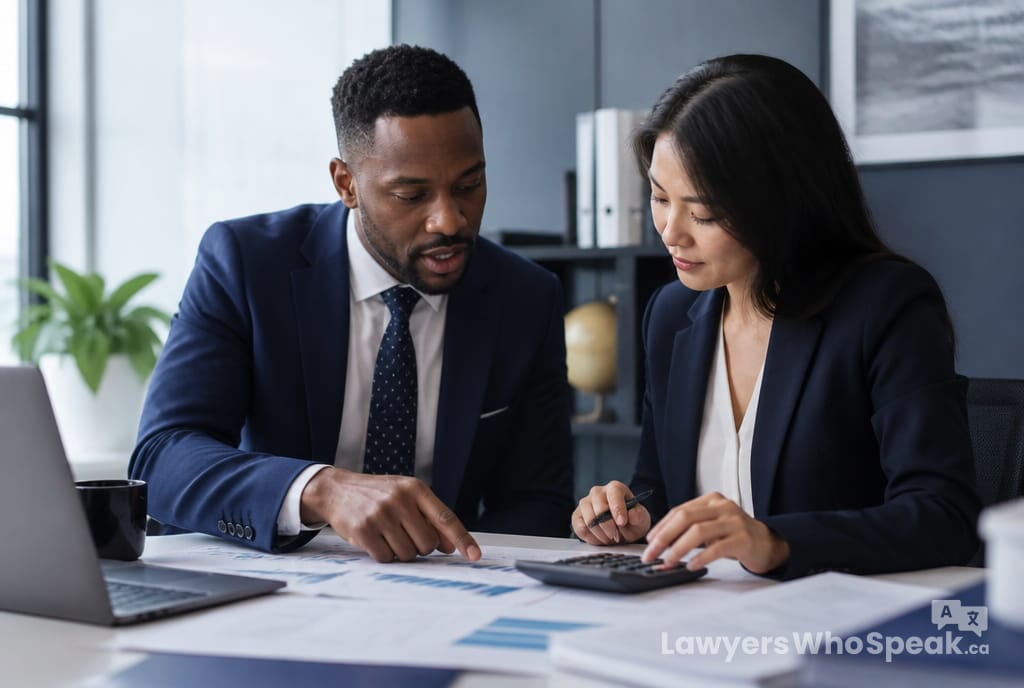 Corporate lawyer and accountant reviewing financial statements together, essential collaboration when buying or selling a business Ontario