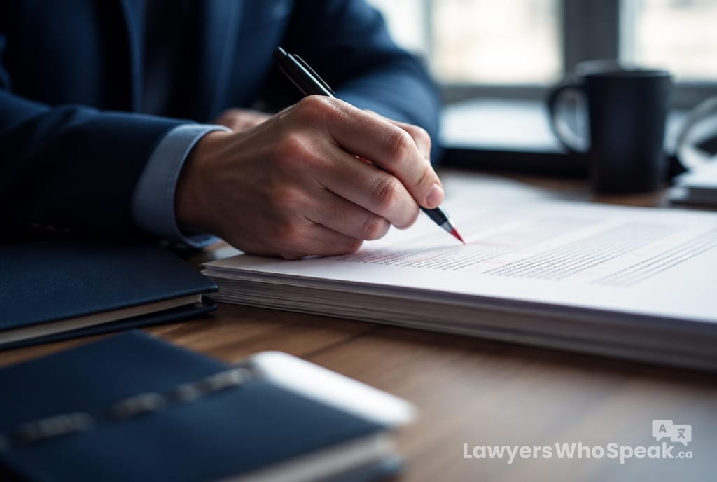 Hand annotating a purchase agreement, reviewing key terms when buying or selling a business Ontario