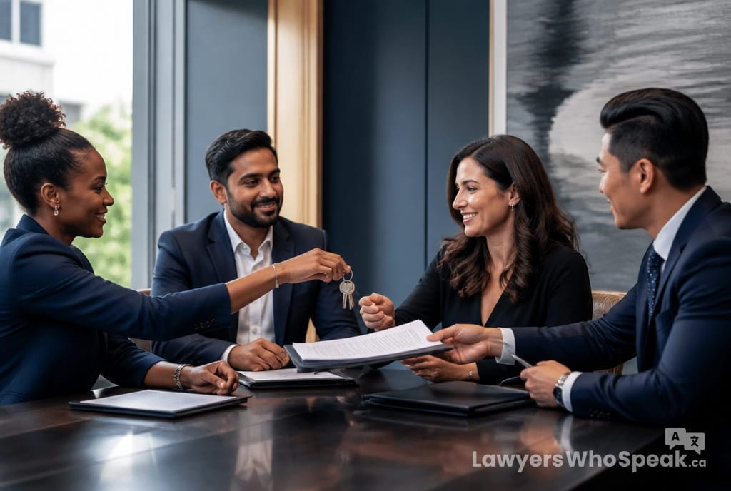 Buyer, seller, and their lawyers exchanging signed documents at closing, finalizing a buying or selling a business Ontario deal