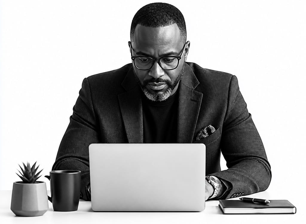 Home 21 Man in his 40s looking down at his laptop while searching for a lawyer on Lawyers Who Speak