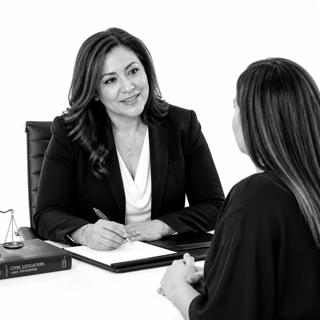 List Your Profile 1 Lawyer consulting with a client at her desk, representing personalized legal support on Lawyers Who Speak