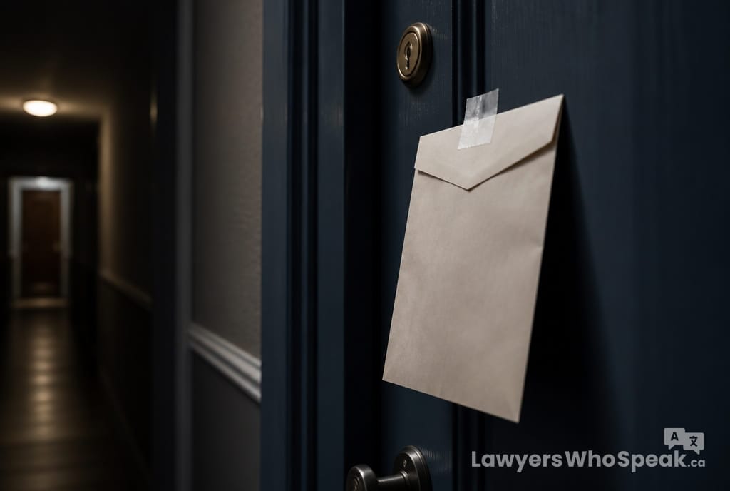 Official eviction notice posted on an apartment door, representing the legal process under landlord rights Ontario