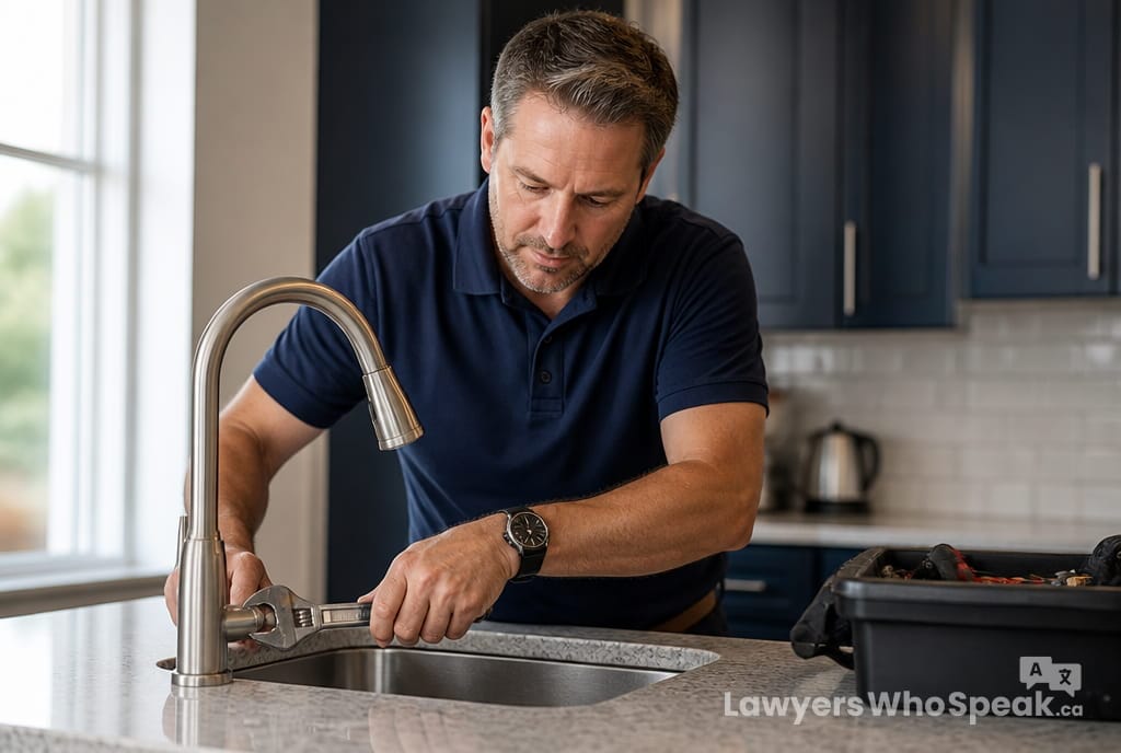 Landlord repairing a faucet in a rental unit, fulfilling their maintenance duty under landlord rights Ontario