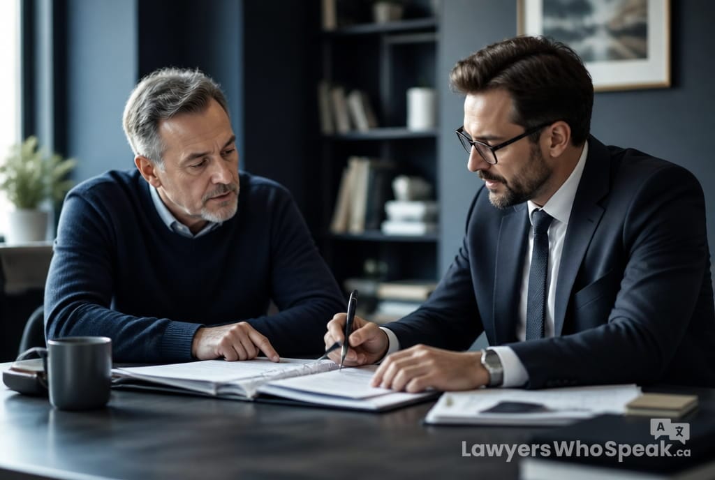 Landlord meeting with a real estate lawyer to prepare for a Landlord and Tenant Board hearing, part of landlord rights Ontario