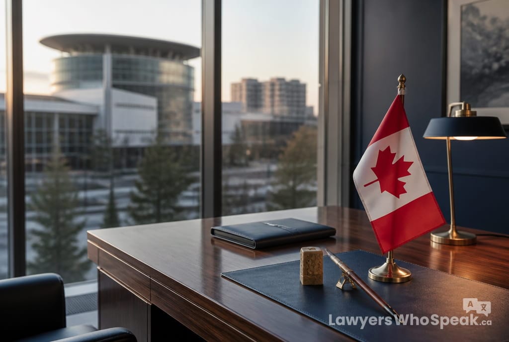 Lawyer's desk with Canadian flag and Chinese calligraphy pen, representing lawyers in Markham