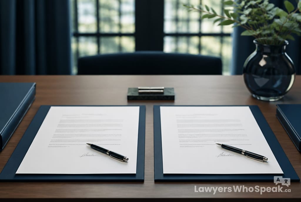 Two identical signed agreements side by side, representing both partners entering a marriage contract Ontario with their own lawyer