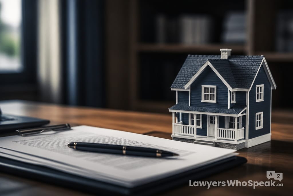 Model house beside a legal document, representing property protected under a marriage contract Ontario