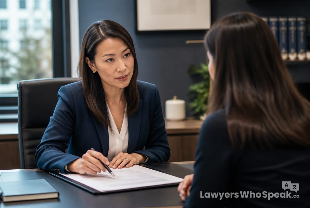 Client in a private consultation with their own family lawyer, illustrating independent legal advice for a marriage contract Ontario