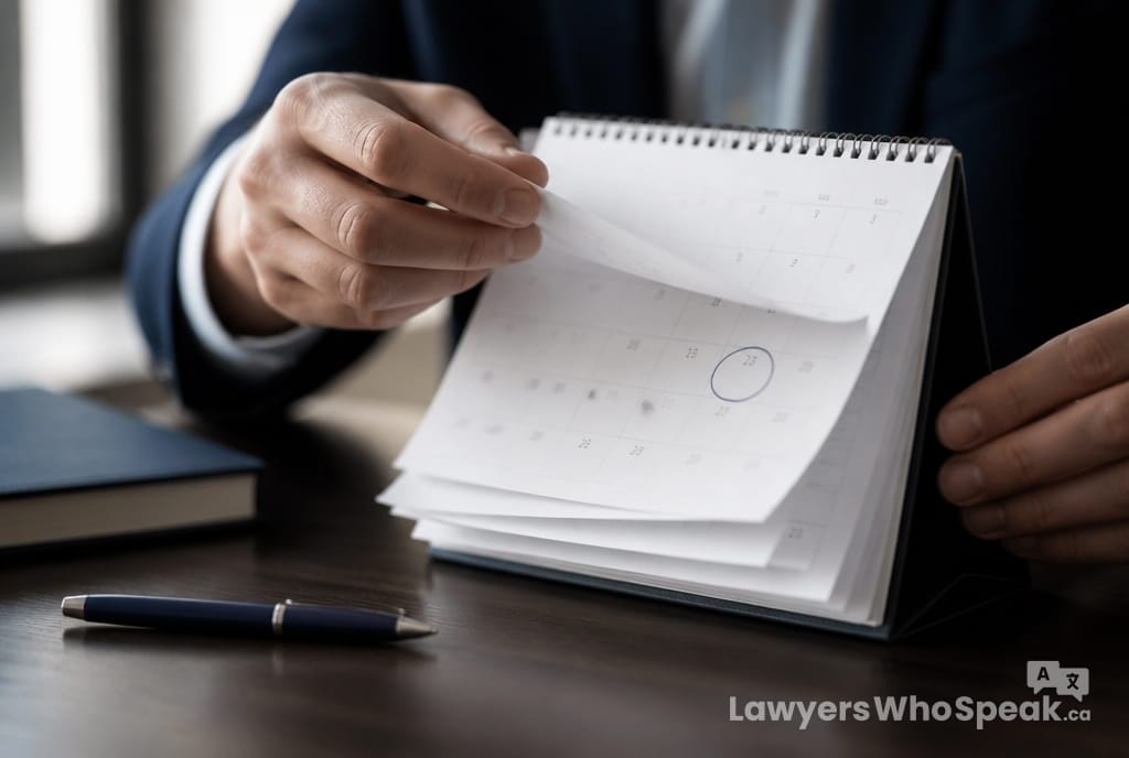 Hands planning ahead on a calendar months before a wedding date, key timing advice for a marriage contract Ontario