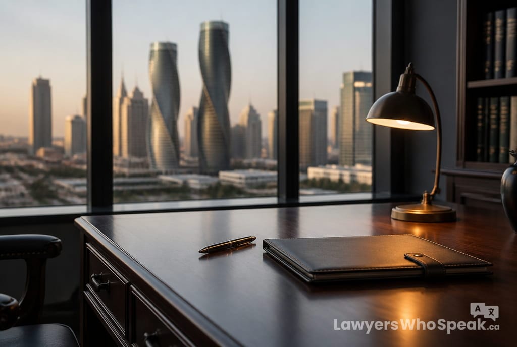 Lawyer's desk overlooking the Mississauga City Centre skyline, representing lawyers in Mississauga