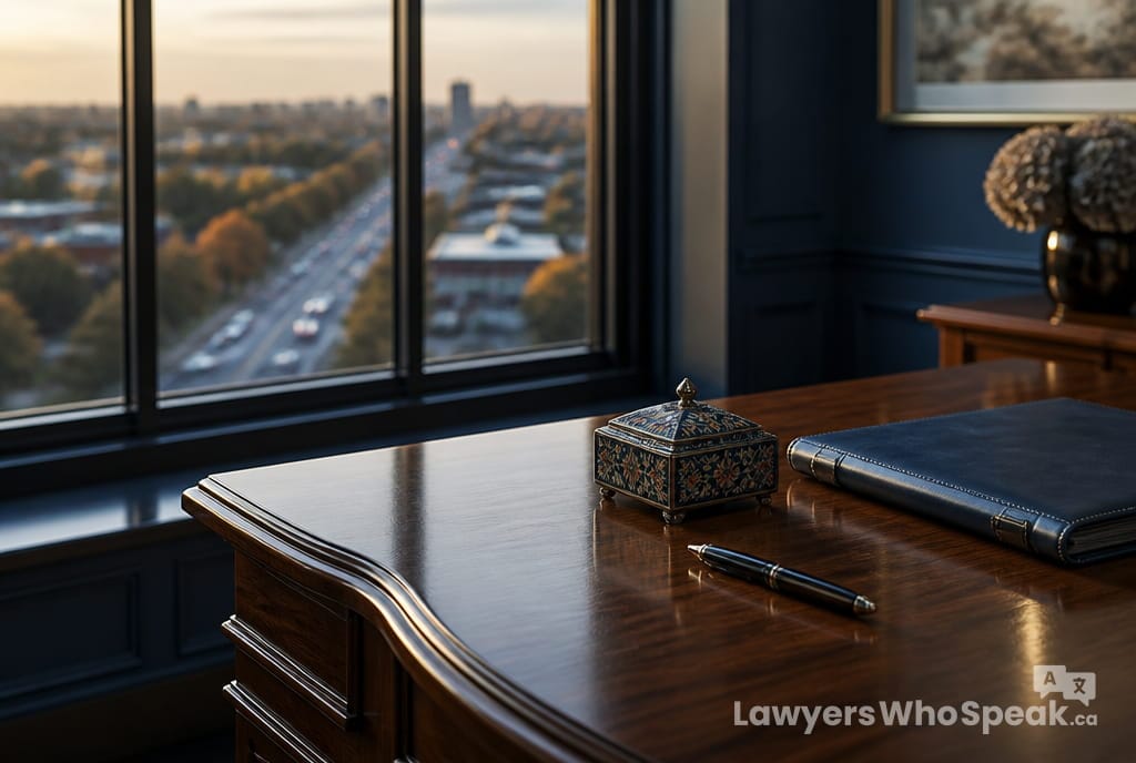 Lawyer's desk overlooking Richmond Hill's Yonge Street corridor, representing lawyers in Richmond Hill