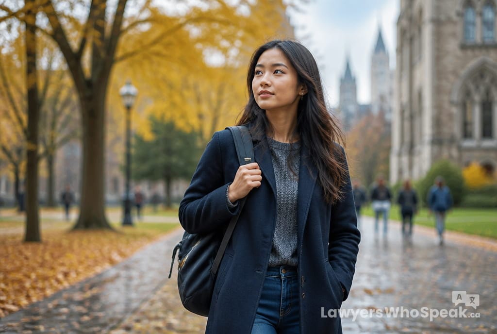 International student walking on a Canadian campus, beginning the study permit work permit Canada journey