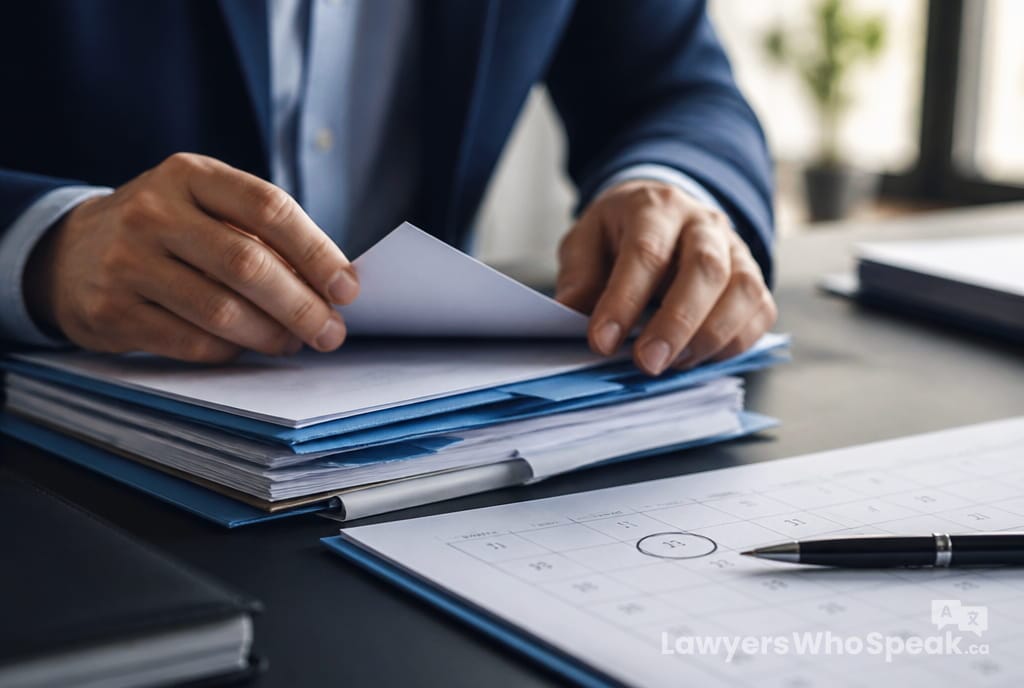 Hands organizing renewal documents beside a calendar deadline, key to maintaining status under a study permit work permit Canada
