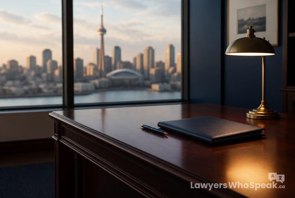 Lawyer's desk with the Toronto skyline and CN Tower in the background, representing lawyers in Toronto