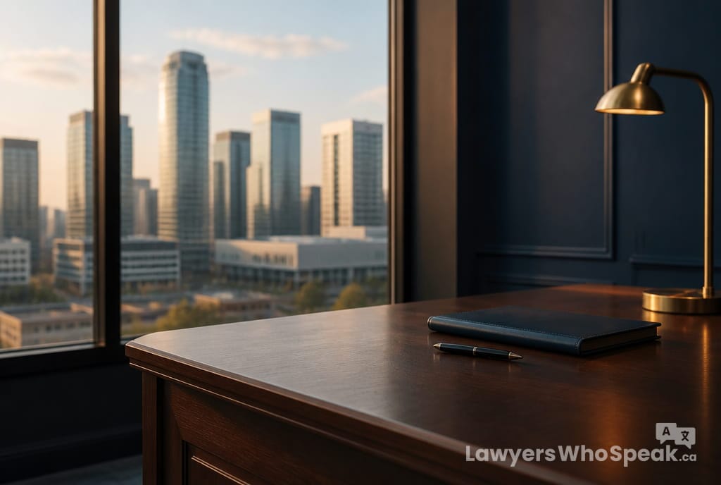 Vaughan 1 Lawyer's desk overlooking the Vaughan Metropolitan Centre skyline, representing lawyers in Vaughan