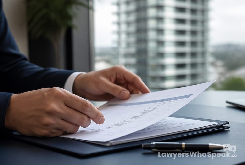 Hands reviewing a status certificate, the most important document in condominium law Ontario purchases