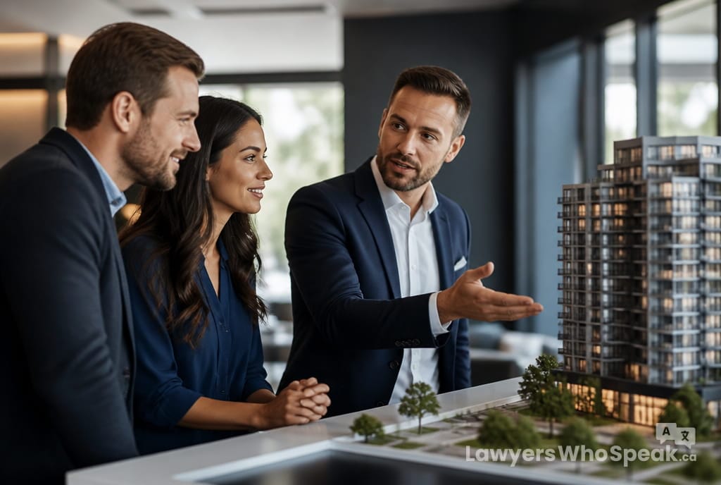 Couple viewing a scale model at a pre-construction sales centre, part of condominium law Ontario purchases