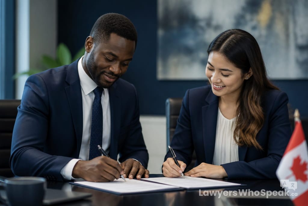 Employer and new employee signing an employment contract Ontario together