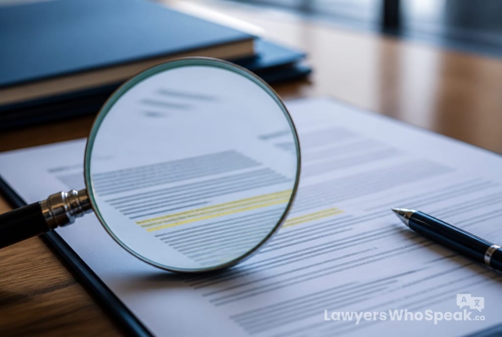 Magnifying glass examining a clause closely, advice for reviewing an employment contract Ontario before signing