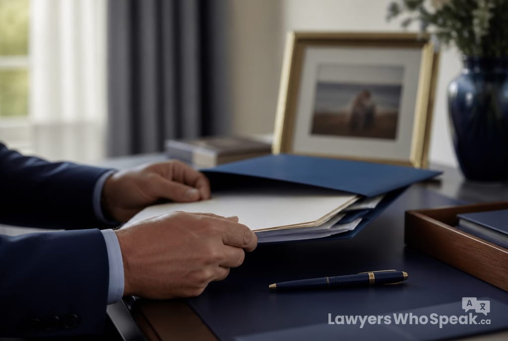 Hands organizing estate documents at a desk, beginning the estate administration probate Ontario process