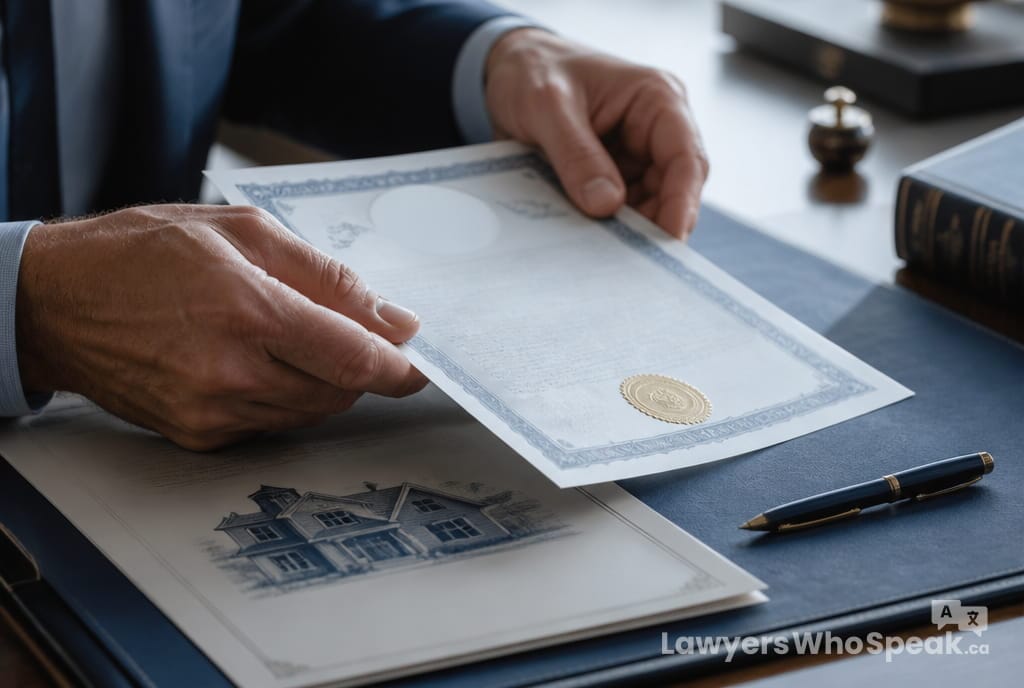 Hands reviewing a court certificate and property deed, part of the estate administration probate Ontario process