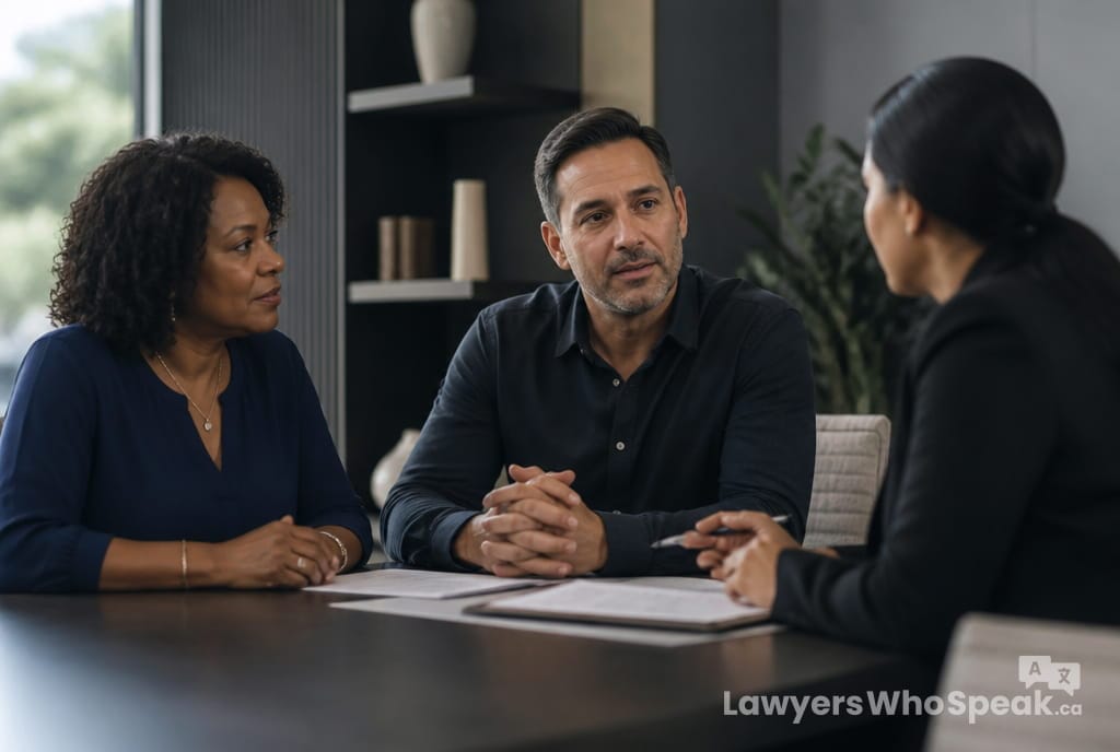 Family members in a calm mediation with a lawyer, resolving a dispute in estate administration probate Ontario