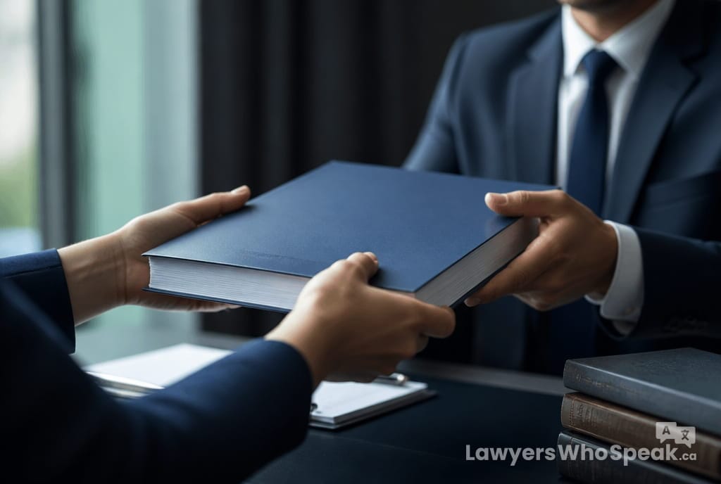 Hands receiving a disclosure document, the mandatory first step in franchise law Ontario