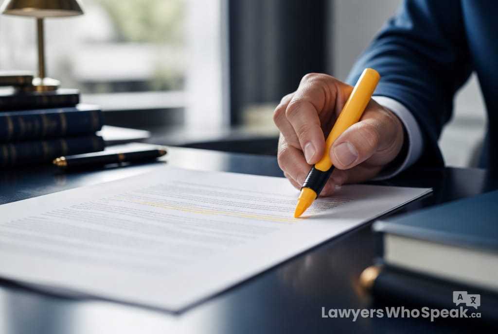Hand highlighting key clauses in a franchise agreement, part of franchise law Ontario