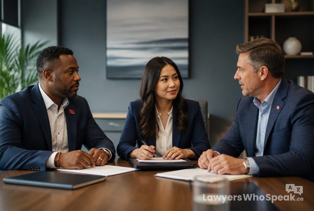Franchisee and franchisor negotiating with a lawyer present, resolving a dispute under franchise law Ontario