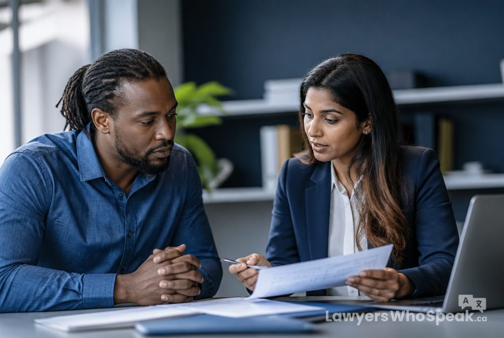 Client consulting an immigration lawyer about rehabilitation options, part of immigration appeals inadmissibility Canada