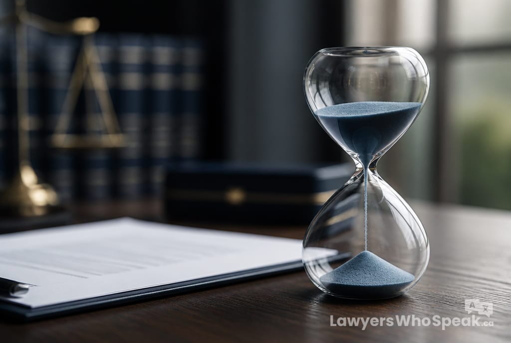 Hourglass beside an official document, representing strict deadlines in immigration appeals inadmissibility Canada