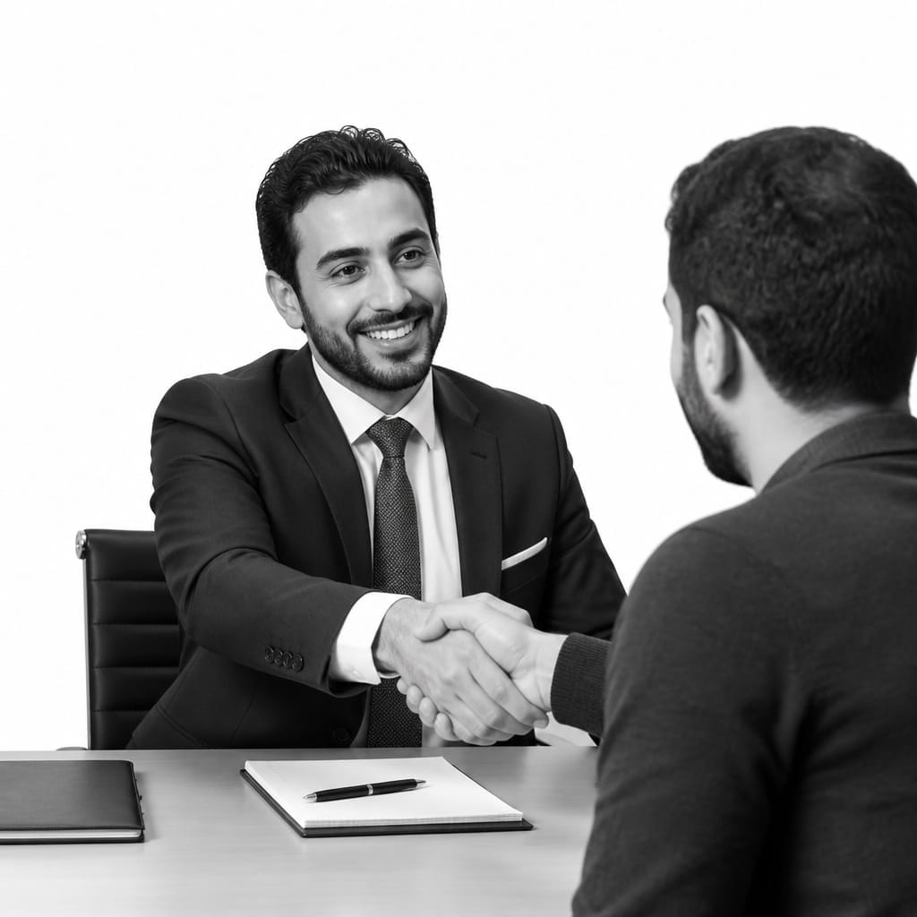 Arabic-speaking lawyer greeting a client with a handshake at their desk, representing personalized legal support on Lawyers Who Speak
