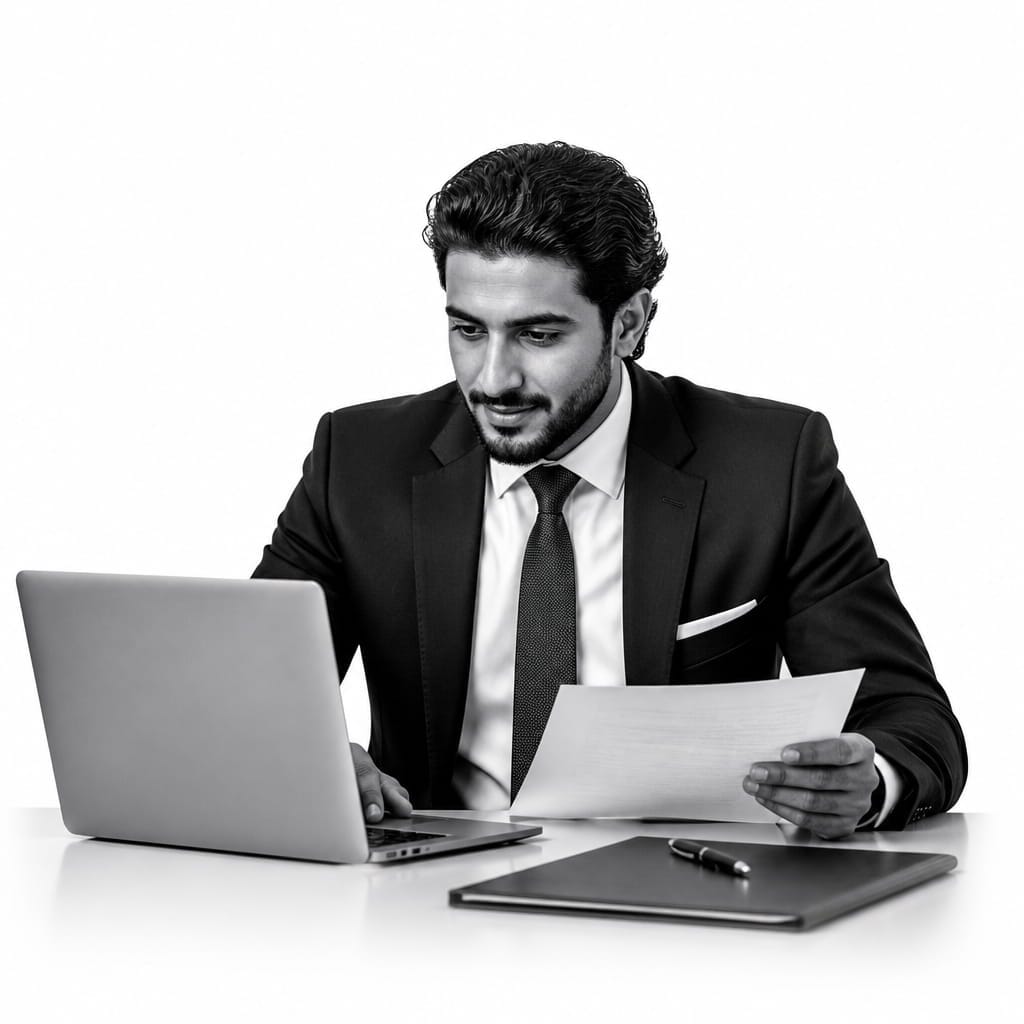 Arabic-speaking lawyer reviewing documents on a laptop at their desk, representing legal representation for Toronto's Arabic-speaking community
