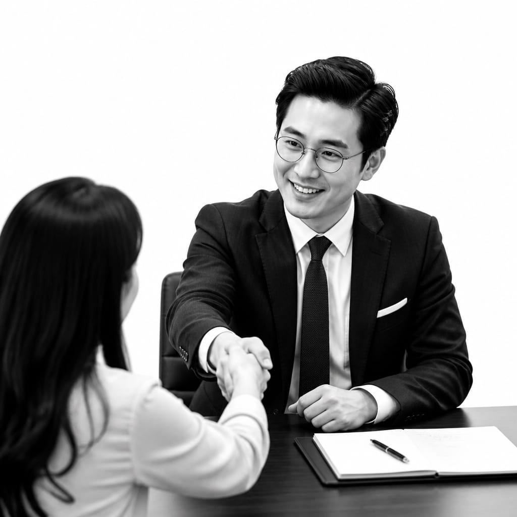 Home 1 Cantonese-speaking lawyer greeting a client with a handshake at their desk, representing personalized legal support on Lawyers Who Speak