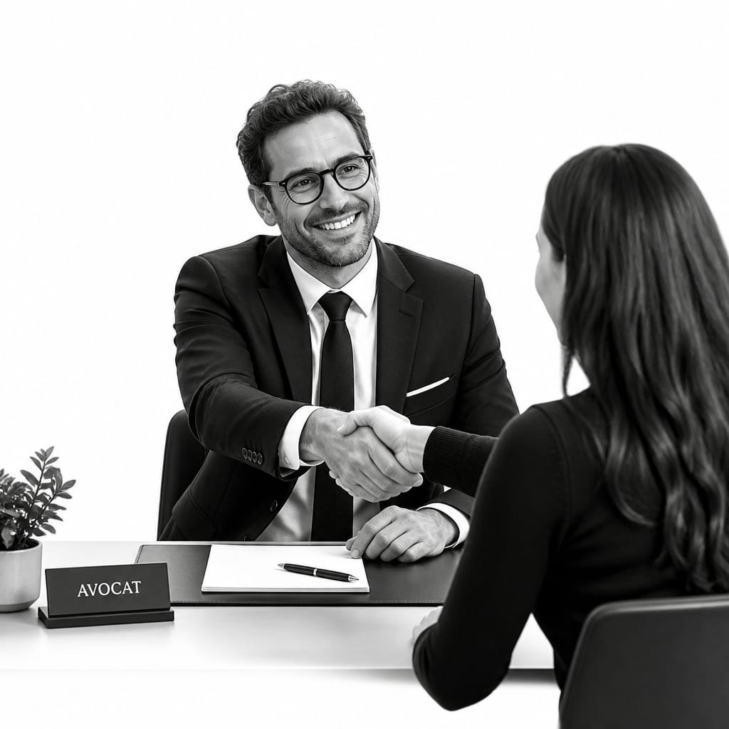 French-speaking lawyer greeting a client with a handshake at their desk, representing personalized legal support on Lawyers Who Speak