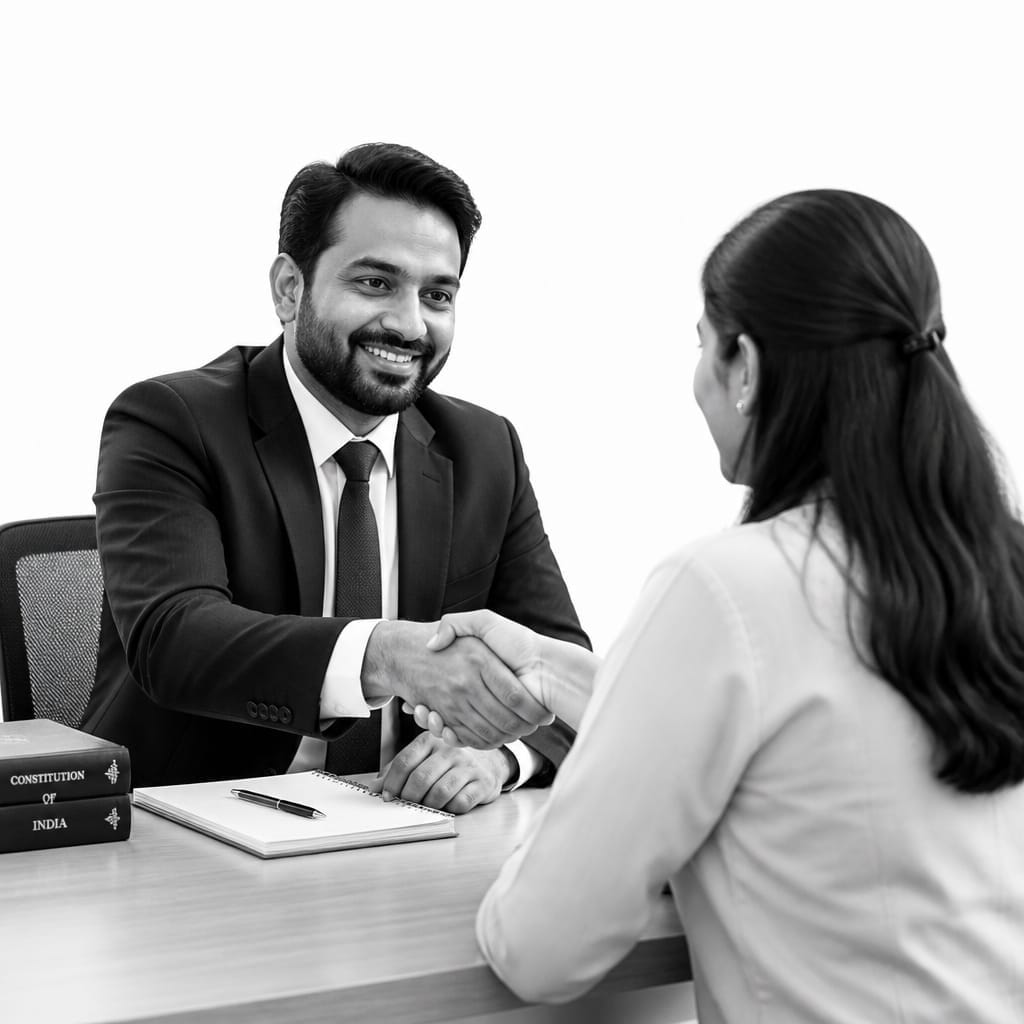 Hindi-speaking lawyer greeting a client with a handshake at their desk, representing personalized legal support on Lawyers Who Speak