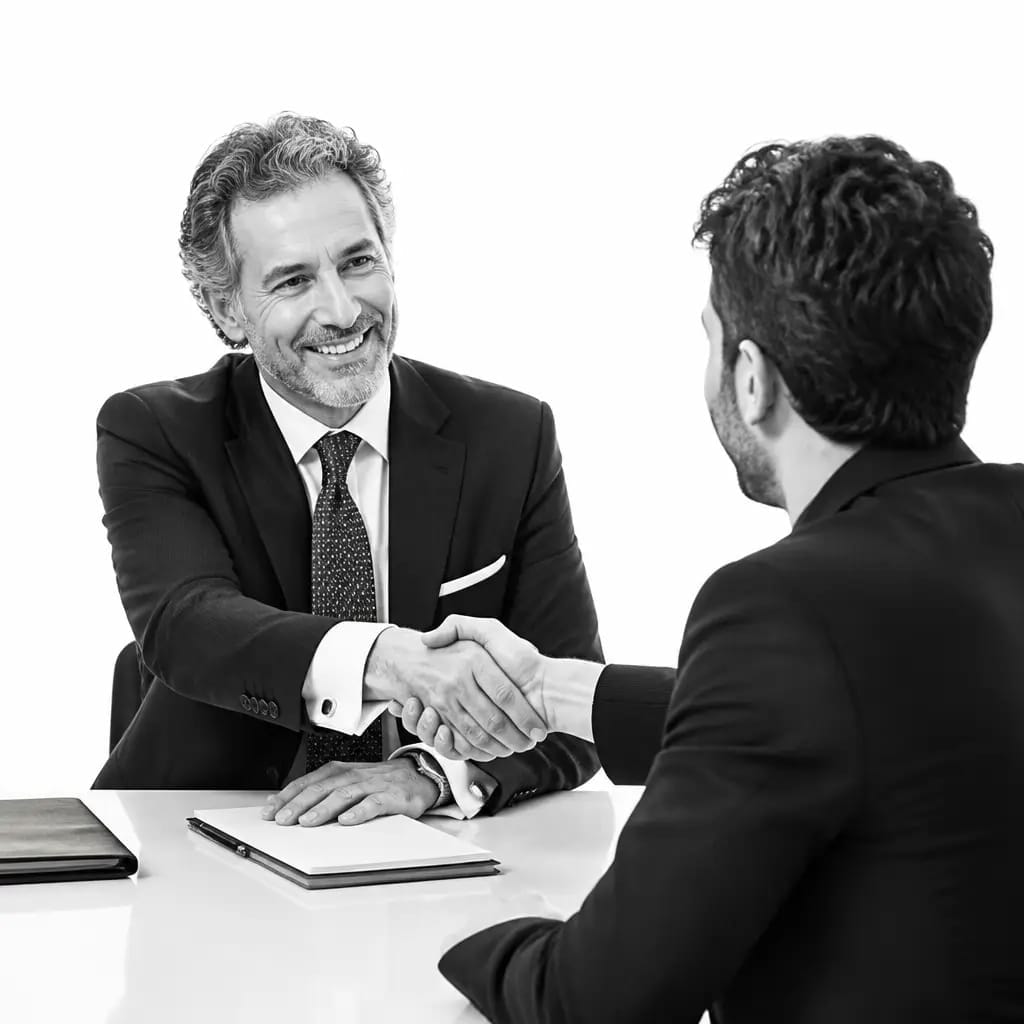 Italian-speaking lawyer greeting a client with a handshake at their desk, representing personalized legal support on Lawyers Who Speak