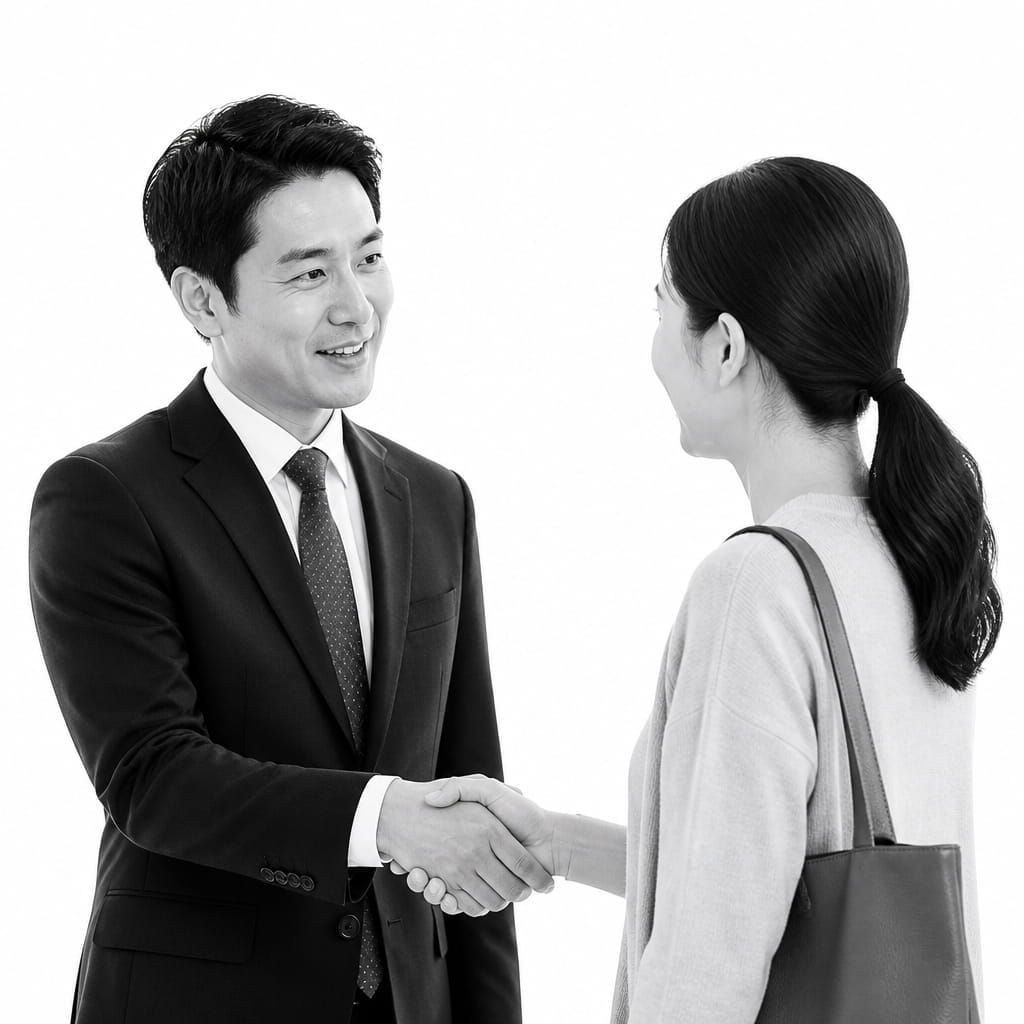 Mandarin-speaking lawyer greeting a client with a handshake, representing personalized legal support on Lawyers Who Speak