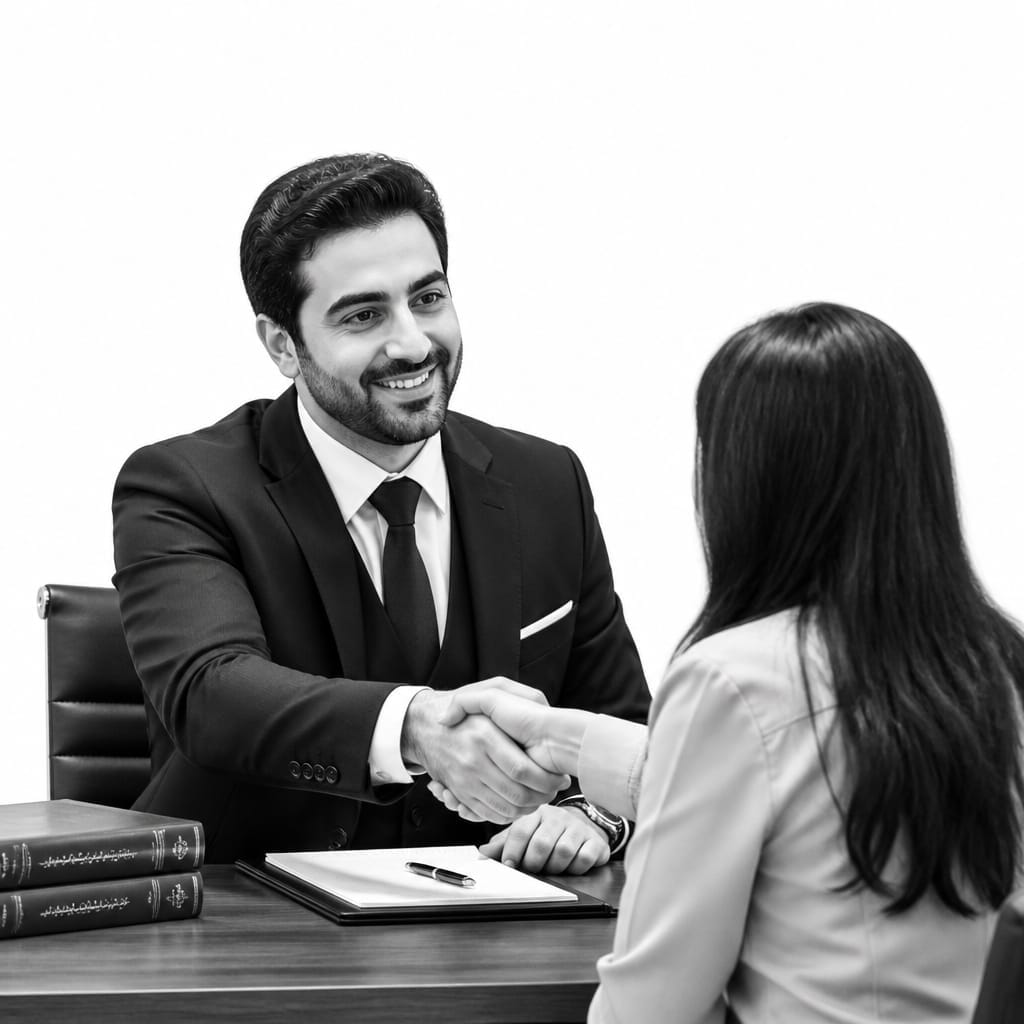 Farsi-Speaking Lawyers 1 Farsi-speaking lawyer greeting a client with a handshake at their desk, representing personalized legal support on Lawyers Who Speak