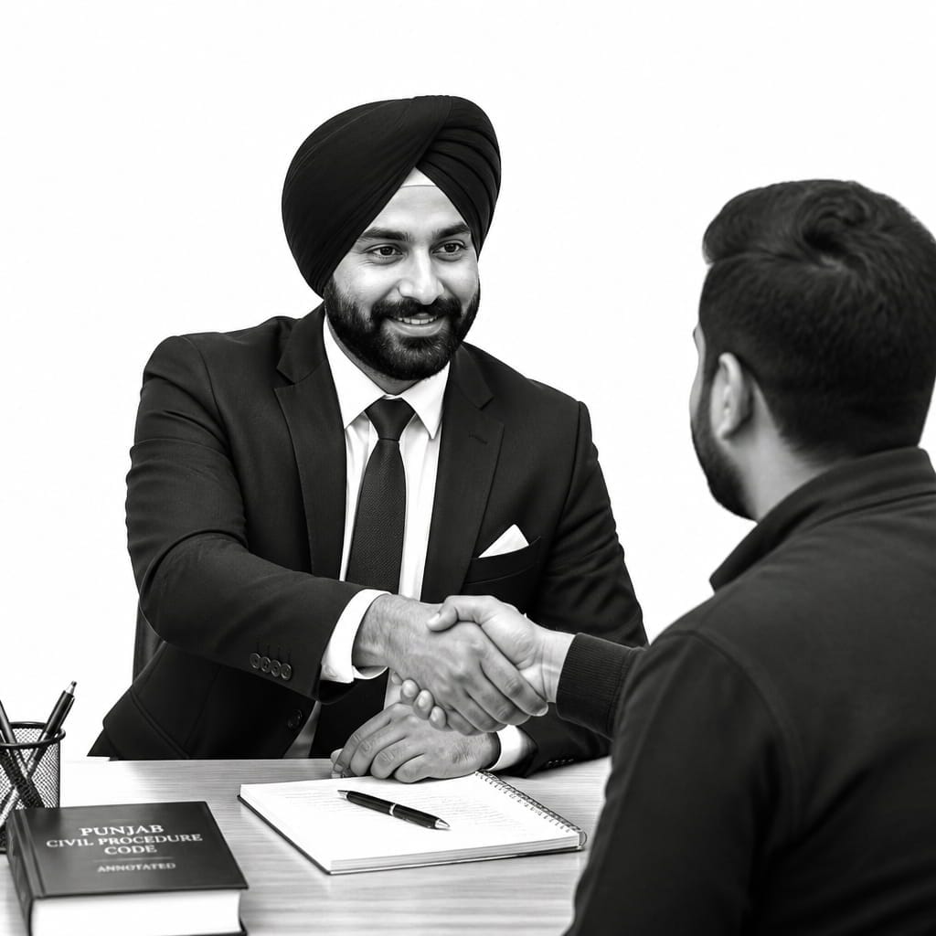 Punjabi-speaking lawyer greeting a client with a handshake at their desk, representing personalized legal support on Lawyers Who Speak