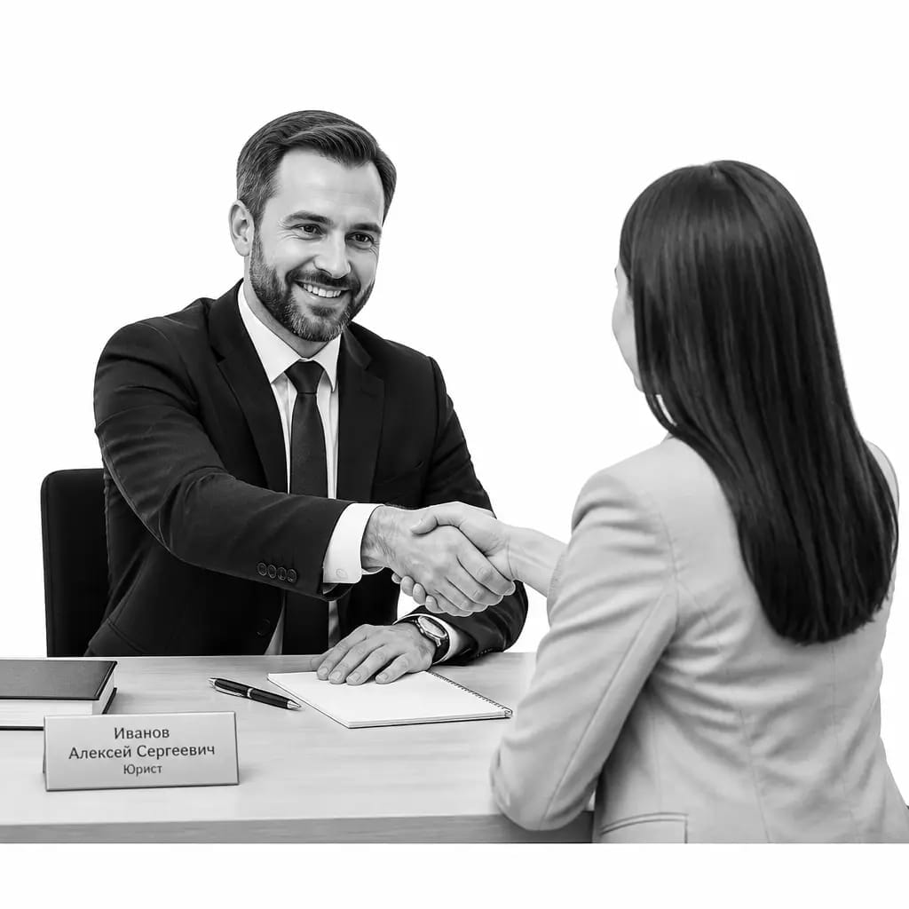 Russian-Speaking Lawyers 1 Russian-speaking lawyer greeting a client with a handshake at their desk, representing personalized legal support on Lawyers Who Speak