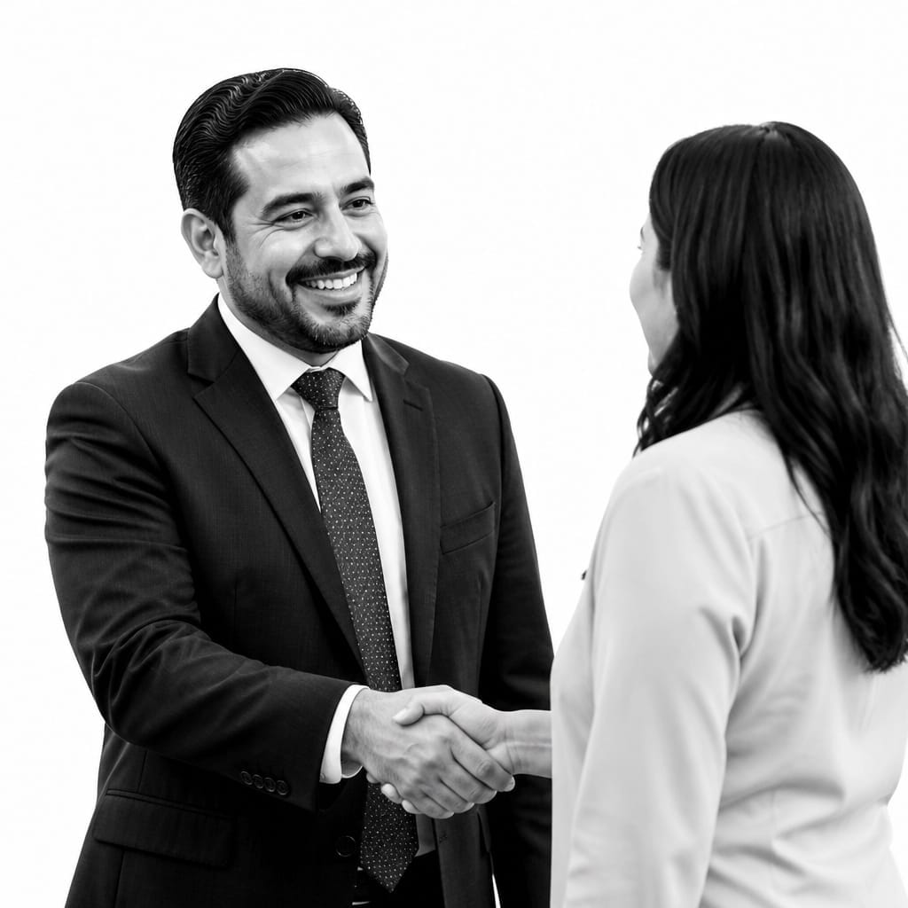 Spanish-speaking lawyer greeting a client with a handshake, representing personalized legal support on Lawyers Who Speak