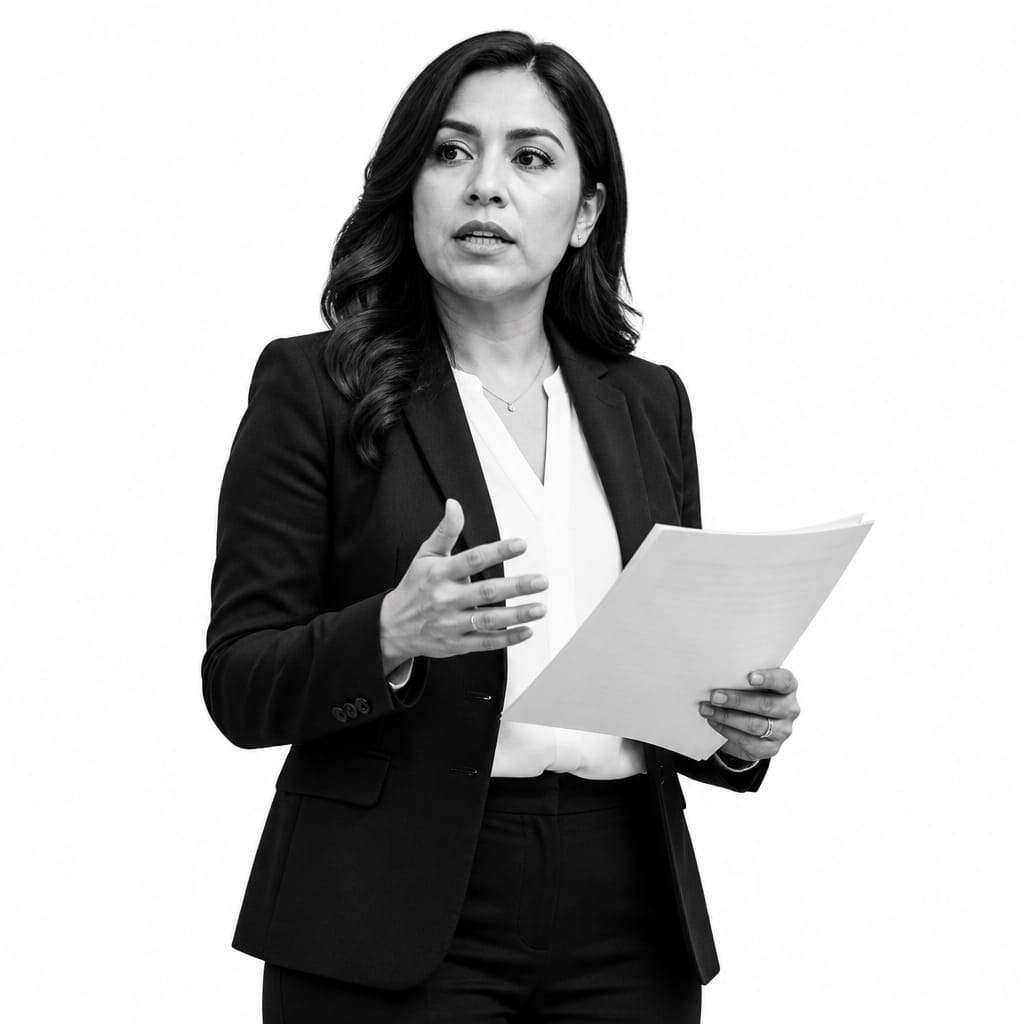 Spanish-speaking lawyer holding documents in a courtroom, representing legal representation for Toronto's Spanish-speaking community