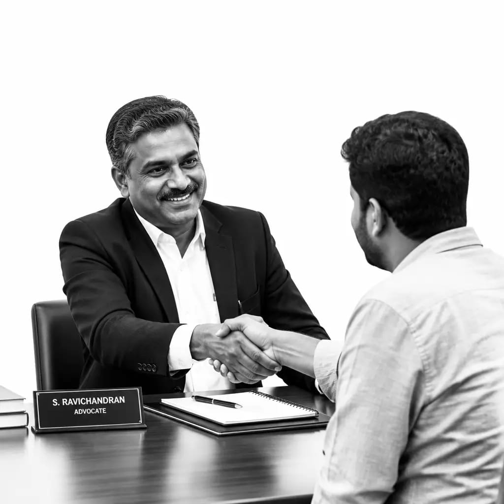 Tamil-Speaking Lawyers 1 Tamil-speaking lawyer greeting a client with a handshake at their desk, representing personalized legal support on Lawyers Who Speak