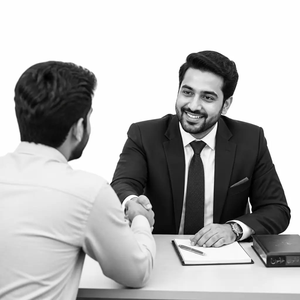 Urdu-speaking lawyer greeting a client with a handshake at their desk, representing personalized legal support on Lawyers Who Speak
